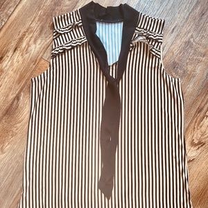 🛑 SOLD ‼️ WOMENS BLACK & NUDE SLEEVELESS BLOUSE w/ RUFFLED COLLAR + TIE